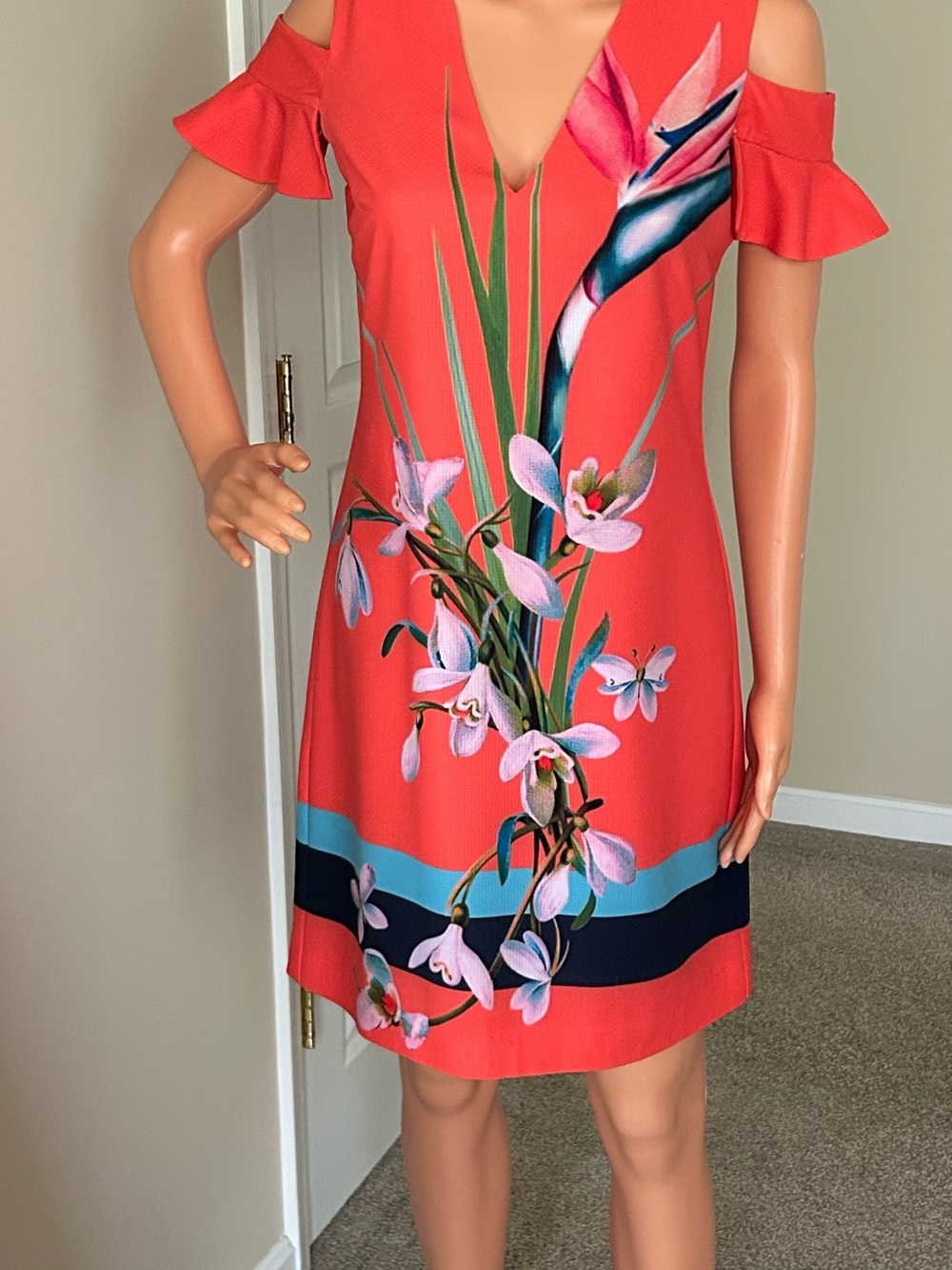 Ted Baker Coral Cold-Shoulder Floral Mini Dress with Blue Trim